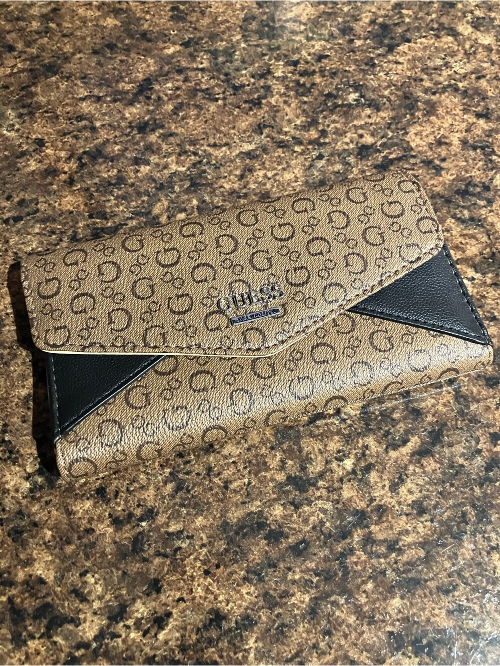 Guess Brown Logo Continental Wallet with Black Trim